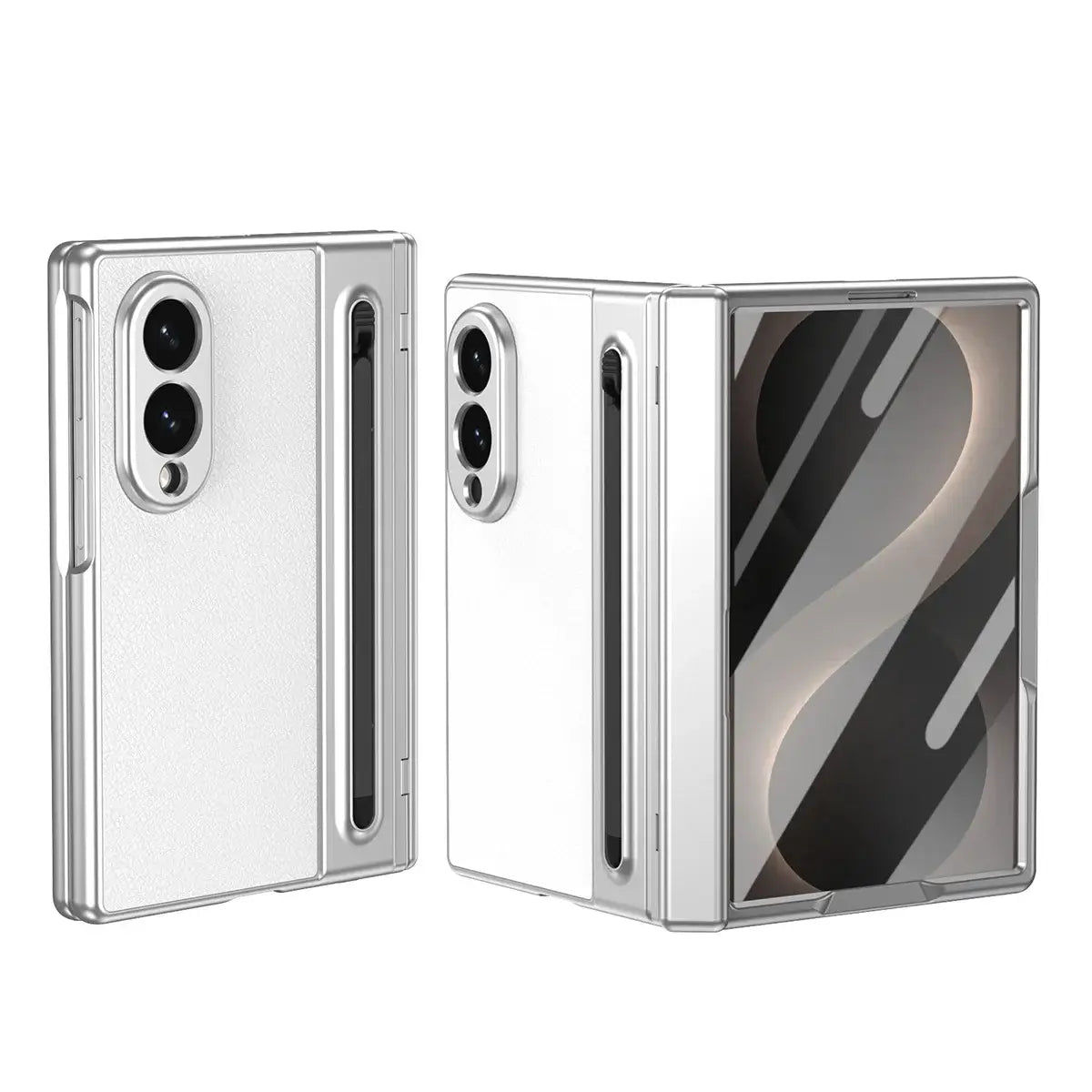 Buy Slim PU Leather Case with Built-In S-Pen Holder, Free Stylus Included, Hinge Protection & Tempered Glass - DEVON at Caseles-Samsung Galaxy Z Fold 8, White