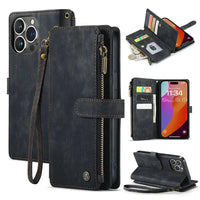 Buy Zipper Flip Folio Wallet Phone Case, Premium Leather Cover with Card Slots Cash Pocket Magnetic Closure and Kickstand,Devy at Caseles-iPhone 16 Pro Max, Black