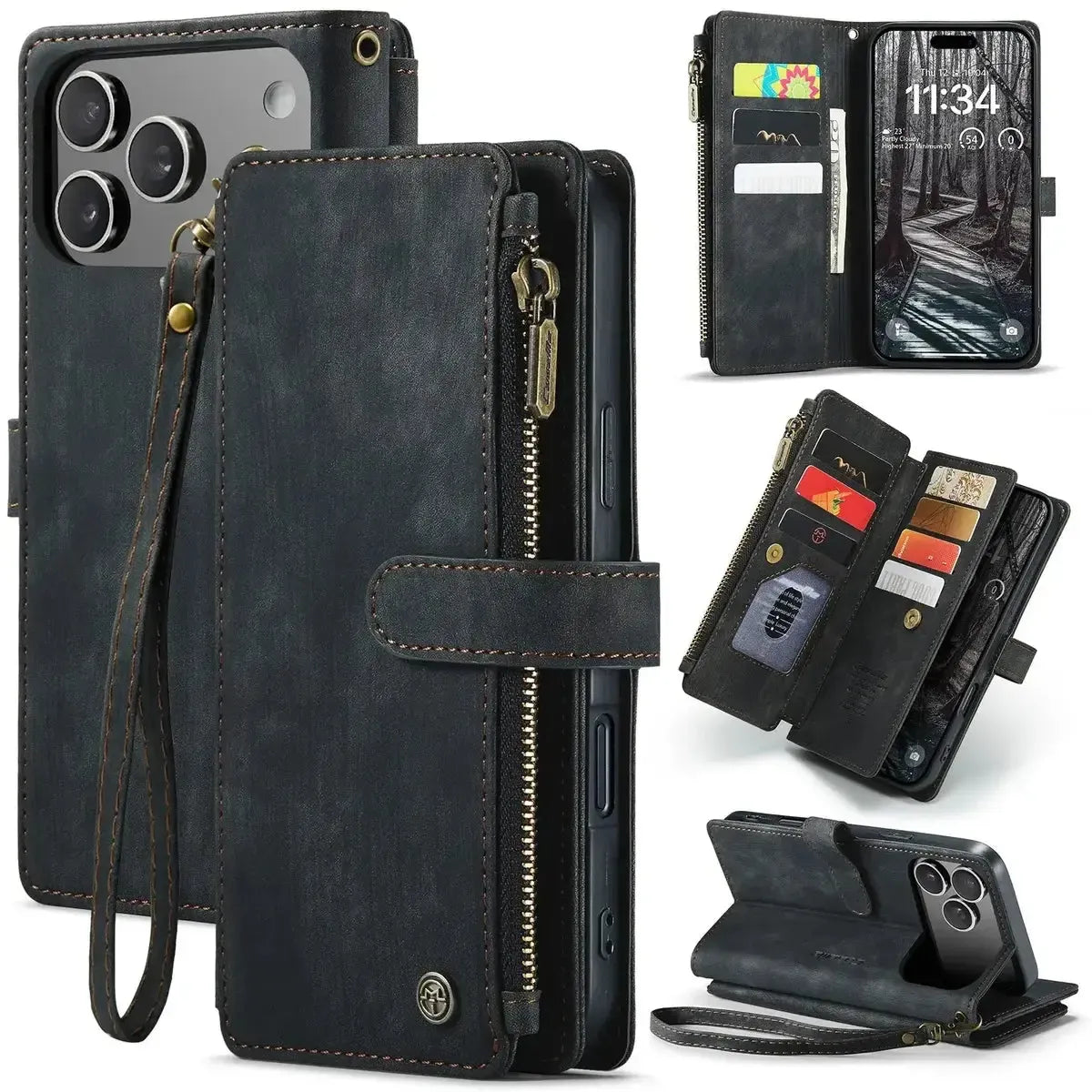 Buy Zipper Flip Folio Wallet Phone Case, Premium Leather Cover with Card Slots Cash Pocket Magnetic Closure and Kickstand,Devy at Caseles-iPhone 17 Pro Max, Black