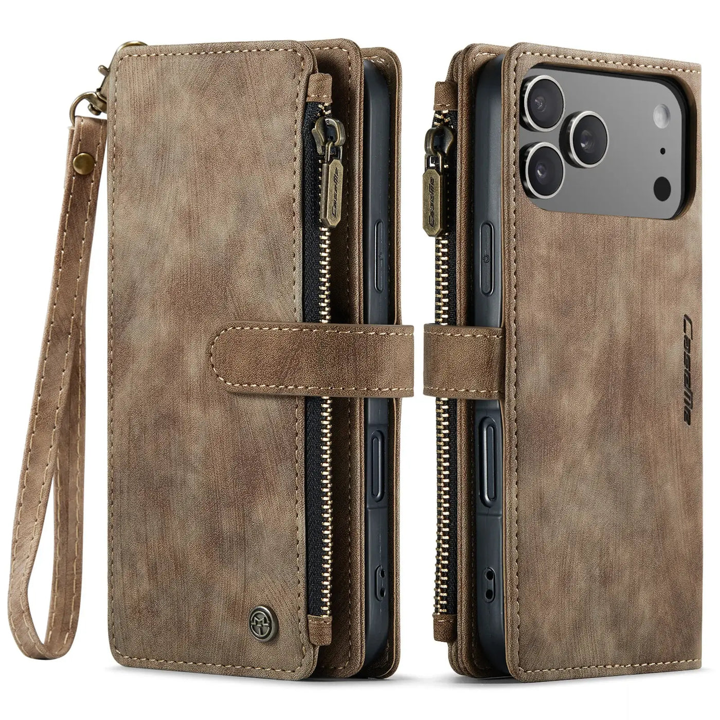 Buy Zipper Flip Folio Wallet Phone Case, Premium Leather Cover with Card Slots Cash Pocket Magnetic Closure and Kickstand,Devy at Caseles-iPhone 17 Pro Max, Khaki