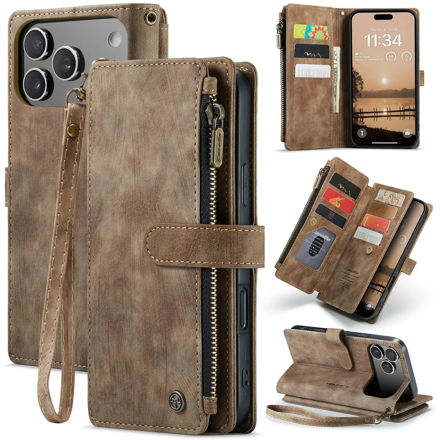 Buy Zipper Flip Folio Wallet Phone Case, Premium Leather Cover with Card Slots Cash Pocket Magnetic Closure and Kickstand,Devy at Caseles-iPhone 17 Pro Max, Khaki