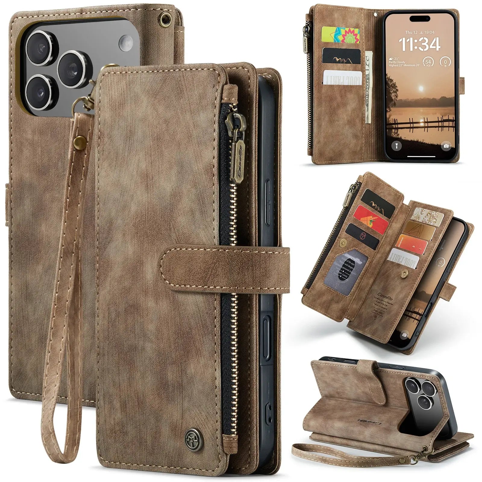 Buy Zipper Flip Folio Wallet Phone Case, Premium Leather Cover with Card Slots Cash Pocket Magnetic Closure and Kickstand,Devy at Caseles-iPhone 17 Pro Max, Khaki