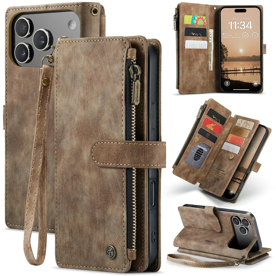 Buy Zipper Flip Folio Wallet Phone Case, Premium Leather Cover with Card Slots Cash Pocket Magnetic Closure and Kickstand,Devy at Caseles-iPhone 17 Pro Max, Khaki