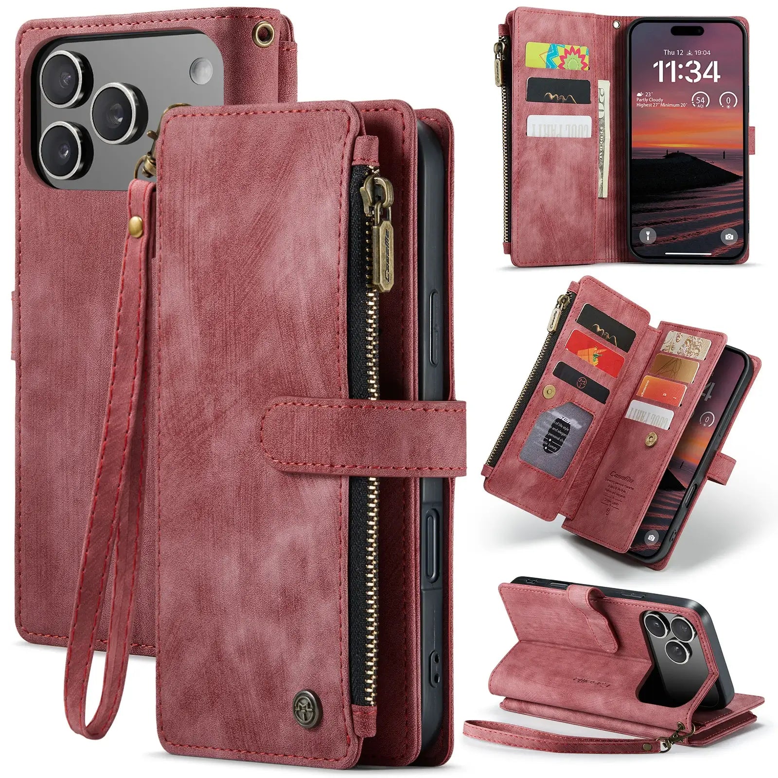 Buy Zipper Flip Folio Wallet Phone Case, Premium Leather Cover with Card Slots Cash Pocket Magnetic Closure and Kickstand,Devy at Caseles-iPhone 17 Pro Max, Red