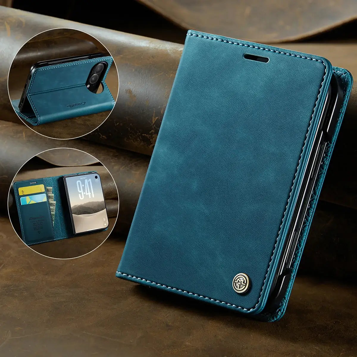 Buy Vintage Frosted Leather Flip Folio with Multiple Card Slots, Cash Pocket, Secure Magnetic Closure & All-Around Protection for iPhone Duo - DUNE at Caseles-iPhone Duo, Black