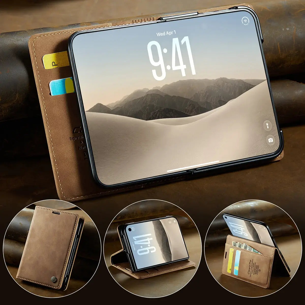 Buy Vintage Frosted Leather Flip Folio with Multiple Card Slots, Cash Pocket, Secure Magnetic Closure & All-Around Protection for iPhone Duo - DUNE at Caseles-iPhone Duo, Black