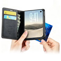 Buy Vintage Frosted Leather Flip Folio with Multiple Card Slots, Cash Pocket, Secure Magnetic Closure & All-Around Protection for iPhone Duo - DUNE at Caseles-iPhone Duo, Black