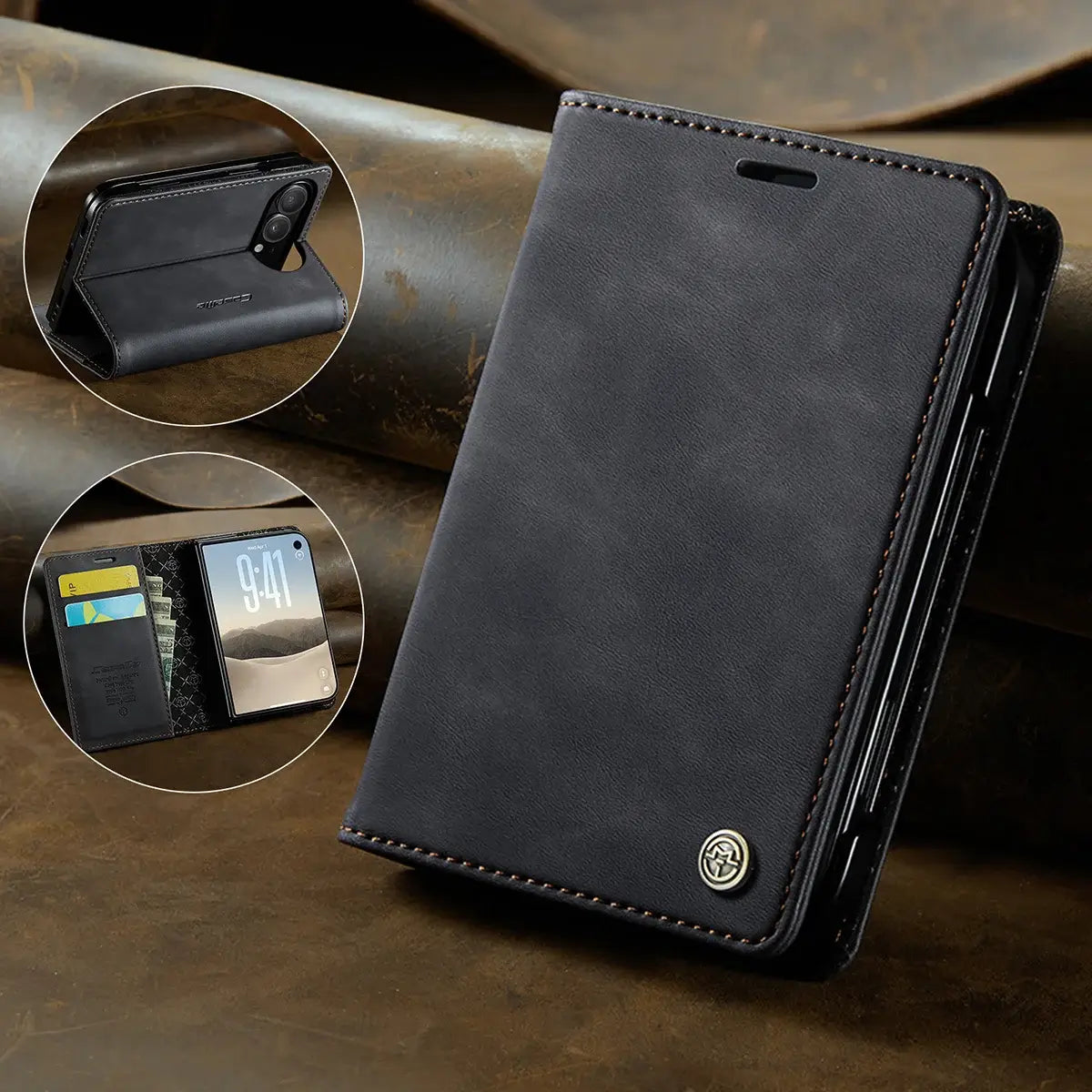 Buy Vintage Frosted Leather Flip Folio with Multiple Card Slots, Cash Pocket, Secure Magnetic Closure & All-Around Protection for iPhone Duo - DUNE at Caseles-iPhone Duo, Black