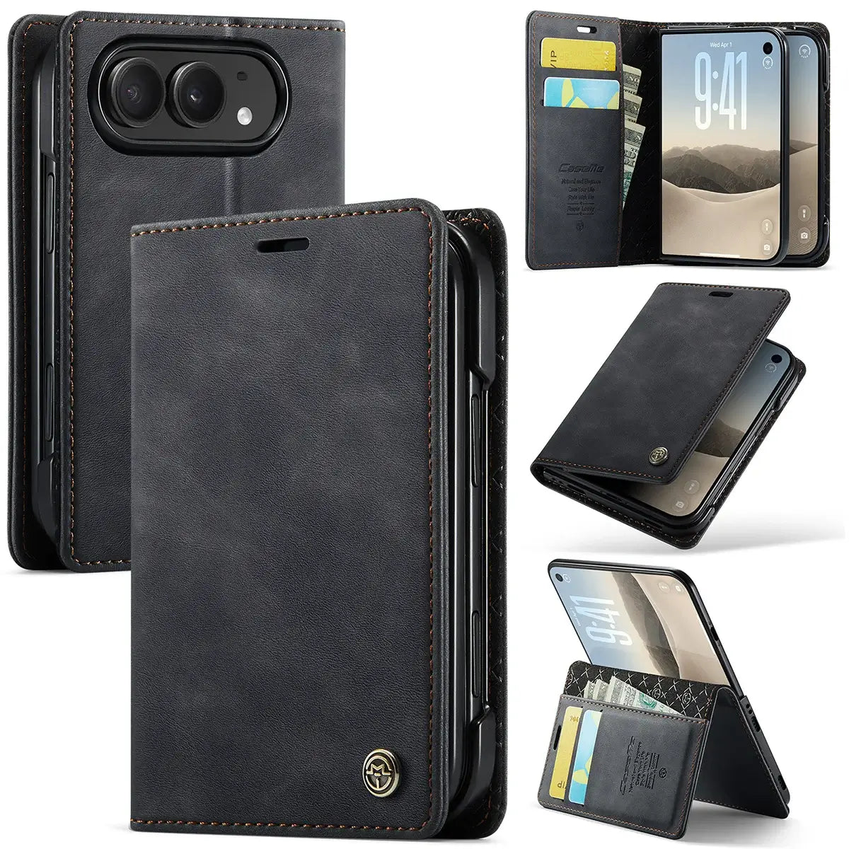 Buy Vintage Frosted Leather Flip Folio with Multiple Card Slots, Cash Pocket, Secure Magnetic Closure & All-Around Protection for iPhone Duo - DUNE at Caseles-iPhone Duo, Black
