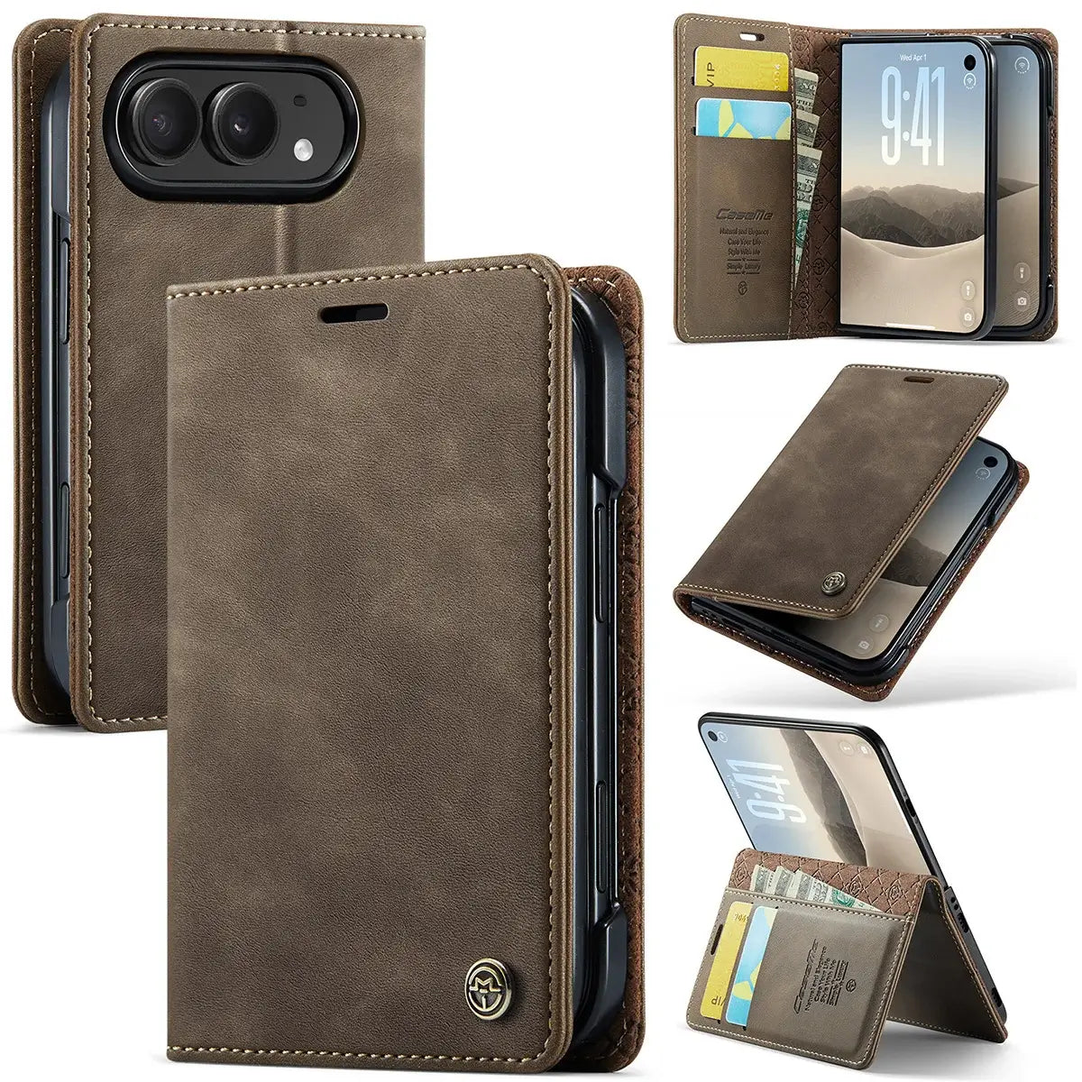 Buy Vintage Frosted Leather Flip Folio with Multiple Card Slots, Cash Pocket, Secure Magnetic Closure & All-Around Protection for iPhone Duo - DUNE at Caseles-iPhone Duo, Brown