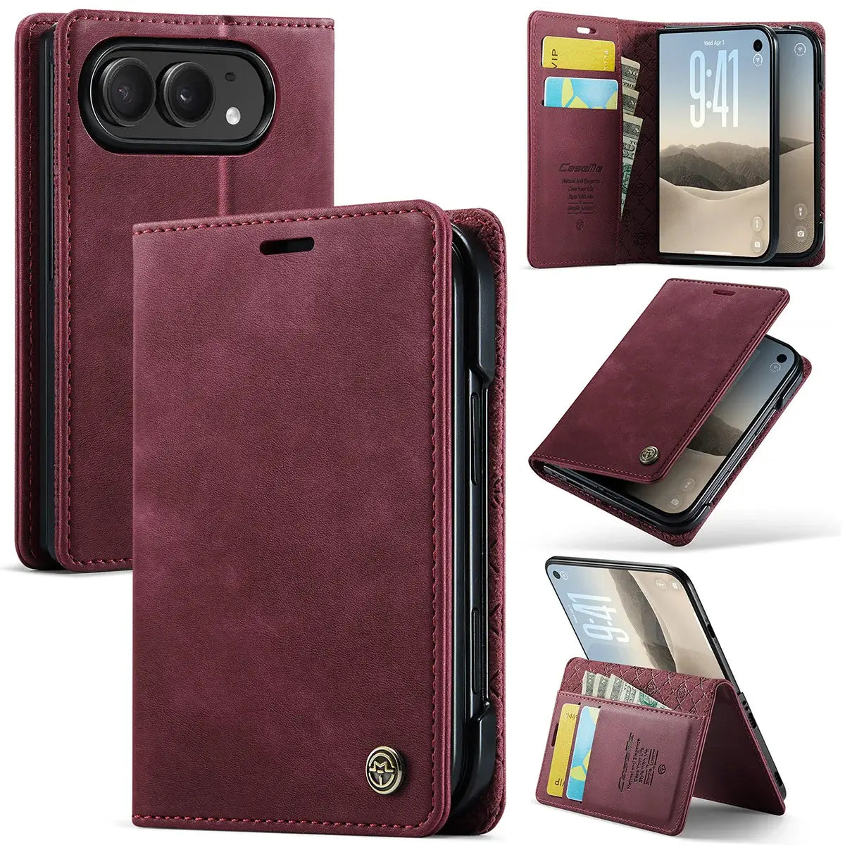 Buy Vintage Frosted Leather Flip Folio with Multiple Card Slots, Cash Pocket, Secure Magnetic Closure & All-Around Protection for iPhone Duo - DUNE at Caseles-iPhone Duo, Burgundy