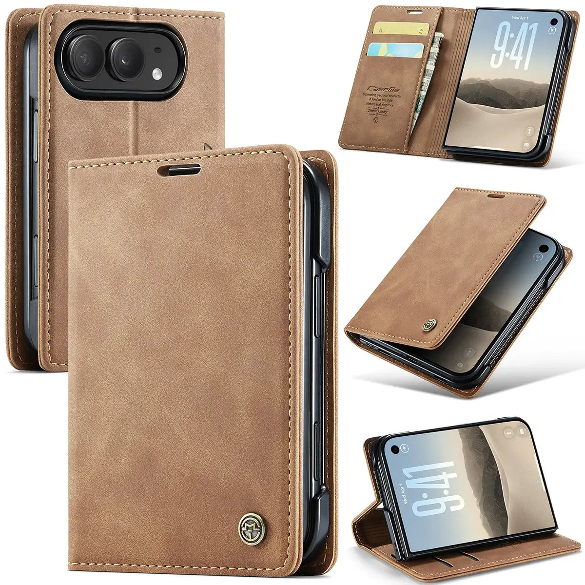 Buy Vintage Frosted Leather Flip Folio with Multiple Card Slots, Cash Pocket, Secure Magnetic Closure & All-Around Protection for iPhone Duo - DUNE at Caseles-iPhone Duo, Khaki