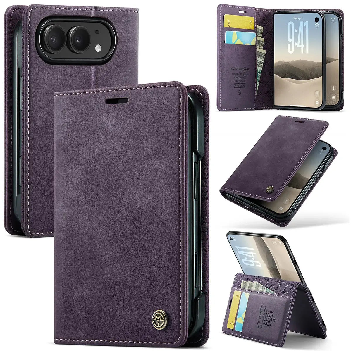 Buy Vintage Frosted Leather Flip Folio with Multiple Card Slots, Cash Pocket, Secure Magnetic Closure & All-Around Protection for iPhone Duo - DUNE at Caseles-iPhone Duo, Purple