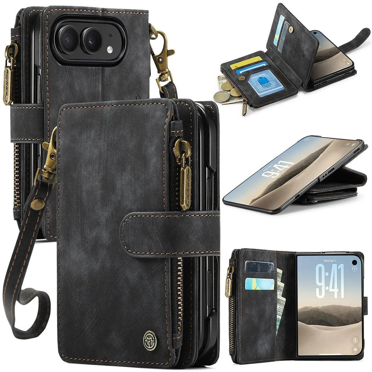 Buy Multifunctional Leather Wallet Case with Detachable Wristlet & Wireless Charging for iPhone Duo - Duran at Caseles-iPhone Duo, Black