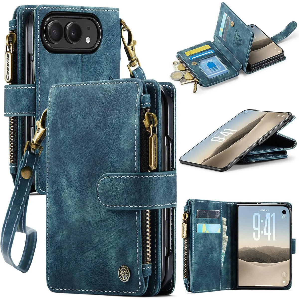 Buy Multifunctional Leather Wallet Case with Detachable Wristlet & Wireless Charging for iPhone Duo - Duran at Caseles-iPhone Duo, Blue