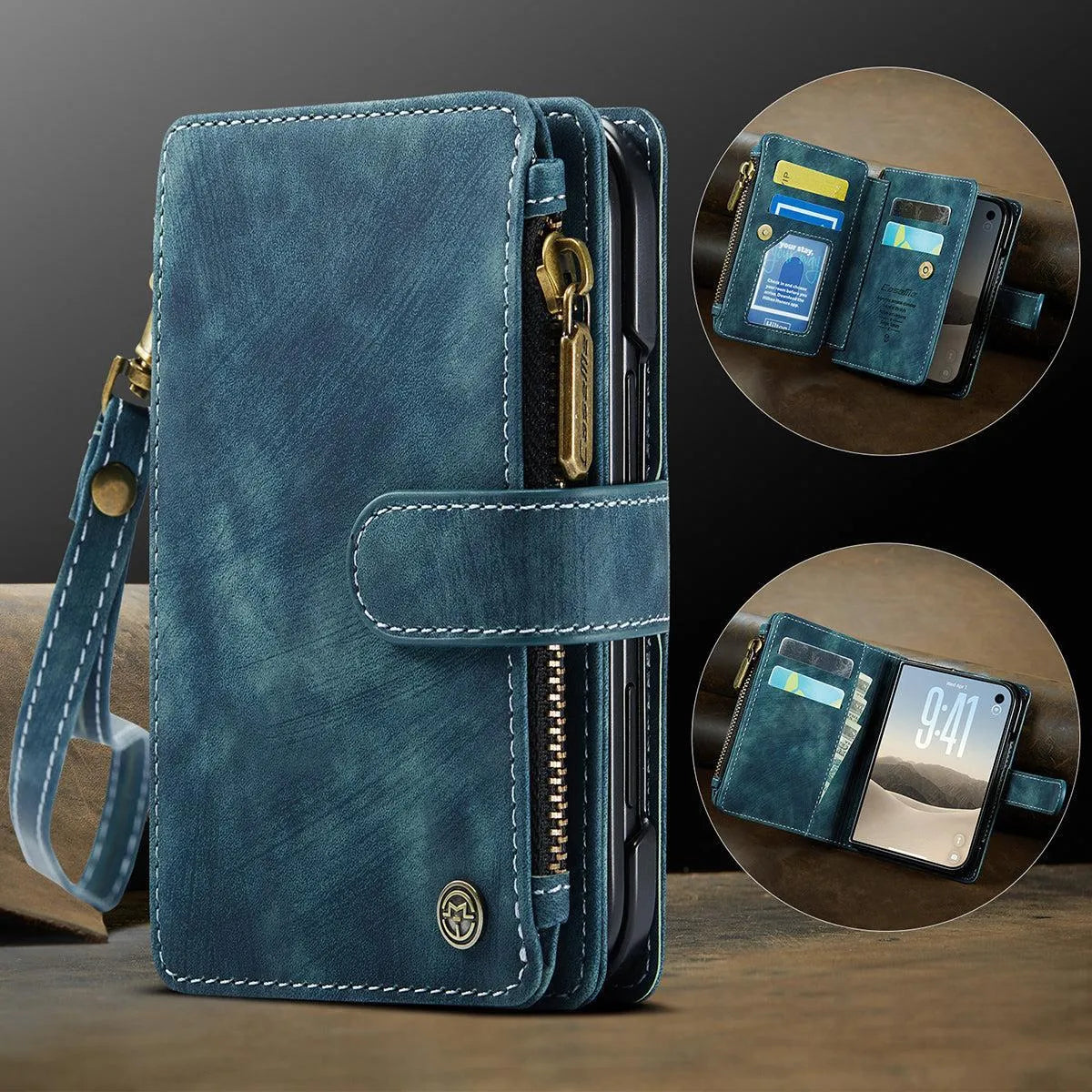 Buy Multifunctional Leather Wallet Case with Detachable Wristlet & Wireless Charging for iPhone Duo - Duran at Caseles-iPhone Duo, Khaki