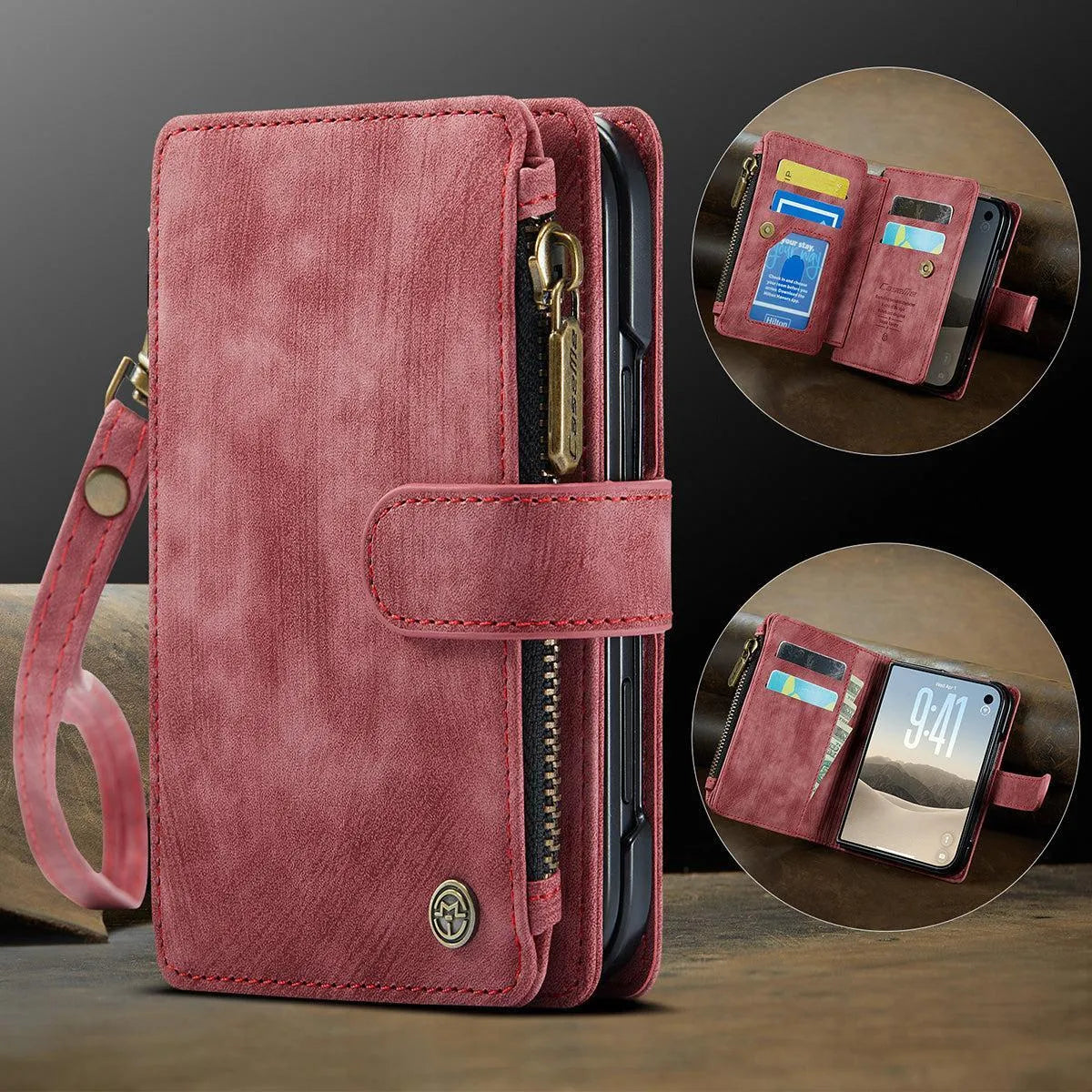 Buy Multifunctional Leather Wallet Case with Detachable Wristlet & Wireless Charging for iPhone Duo - Duran at Caseles-iPhone Duo, Khaki