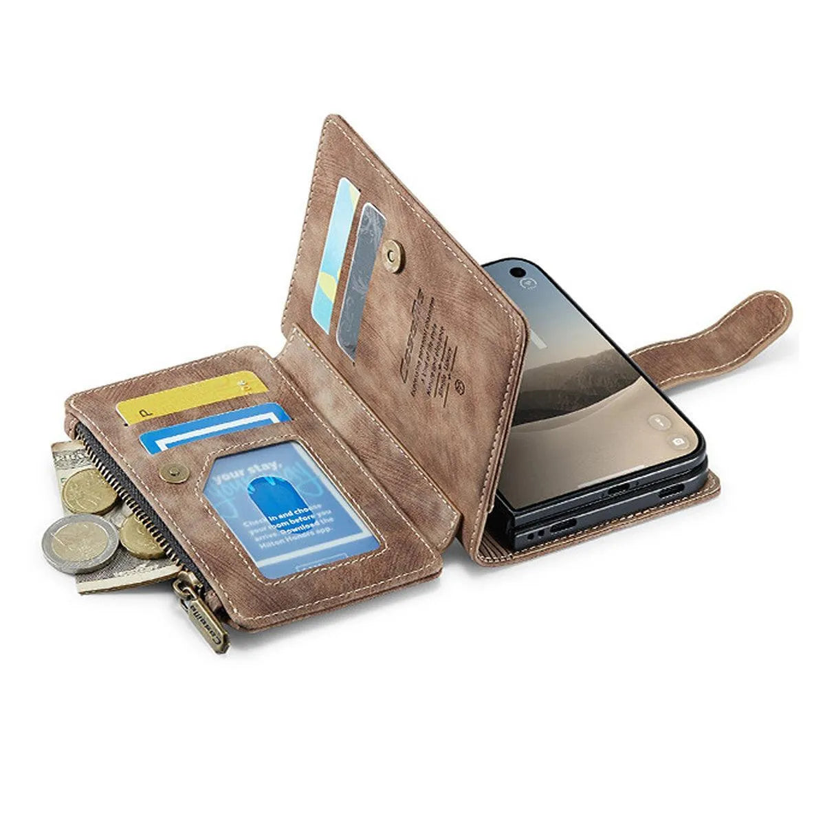 Buy Multifunctional Leather Wallet Case with Detachable Wristlet & Wireless Charging for iPhone Duo - Duran at Caseles-iPhone Duo, Khaki