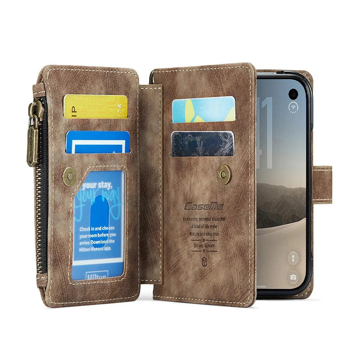 Buy Multifunctional Leather Wallet Case with Detachable Wristlet & Wireless Charging for iPhone Duo - Duran at Caseles-iPhone Duo, Khaki