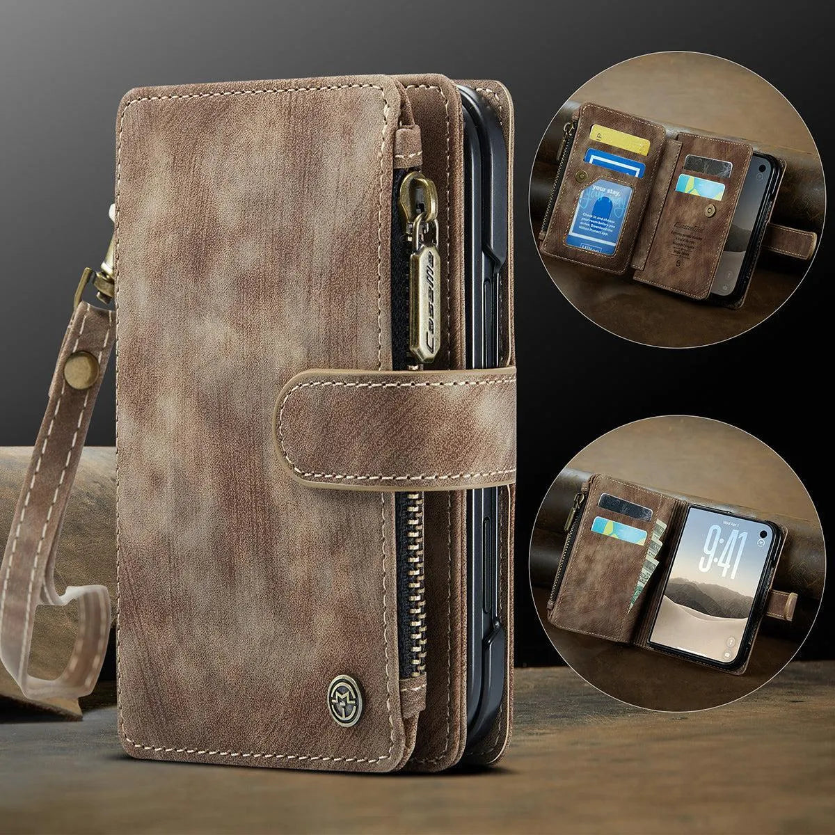 Buy Multifunctional Leather Wallet Case with Detachable Wristlet & Wireless Charging for iPhone Duo - Duran at Caseles-iPhone Duo, Khaki
