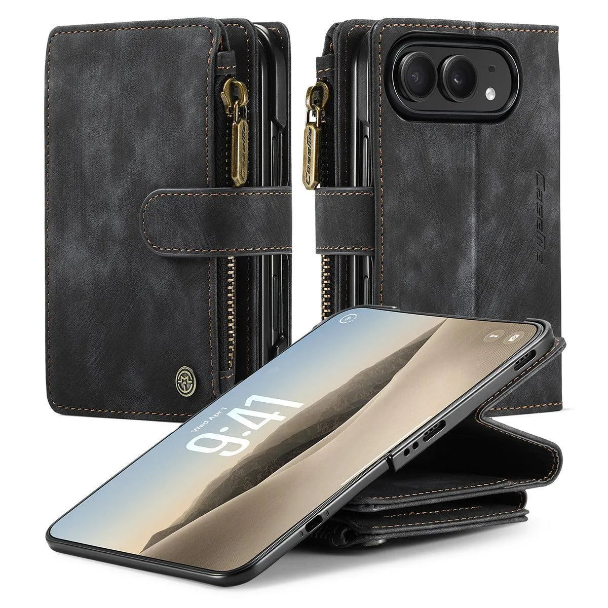 Buy Multifunctional Leather Wallet Case with Detachable Wristlet & Wireless Charging for iPhone Duo - Duran at Caseles-iPhone Duo, Khaki