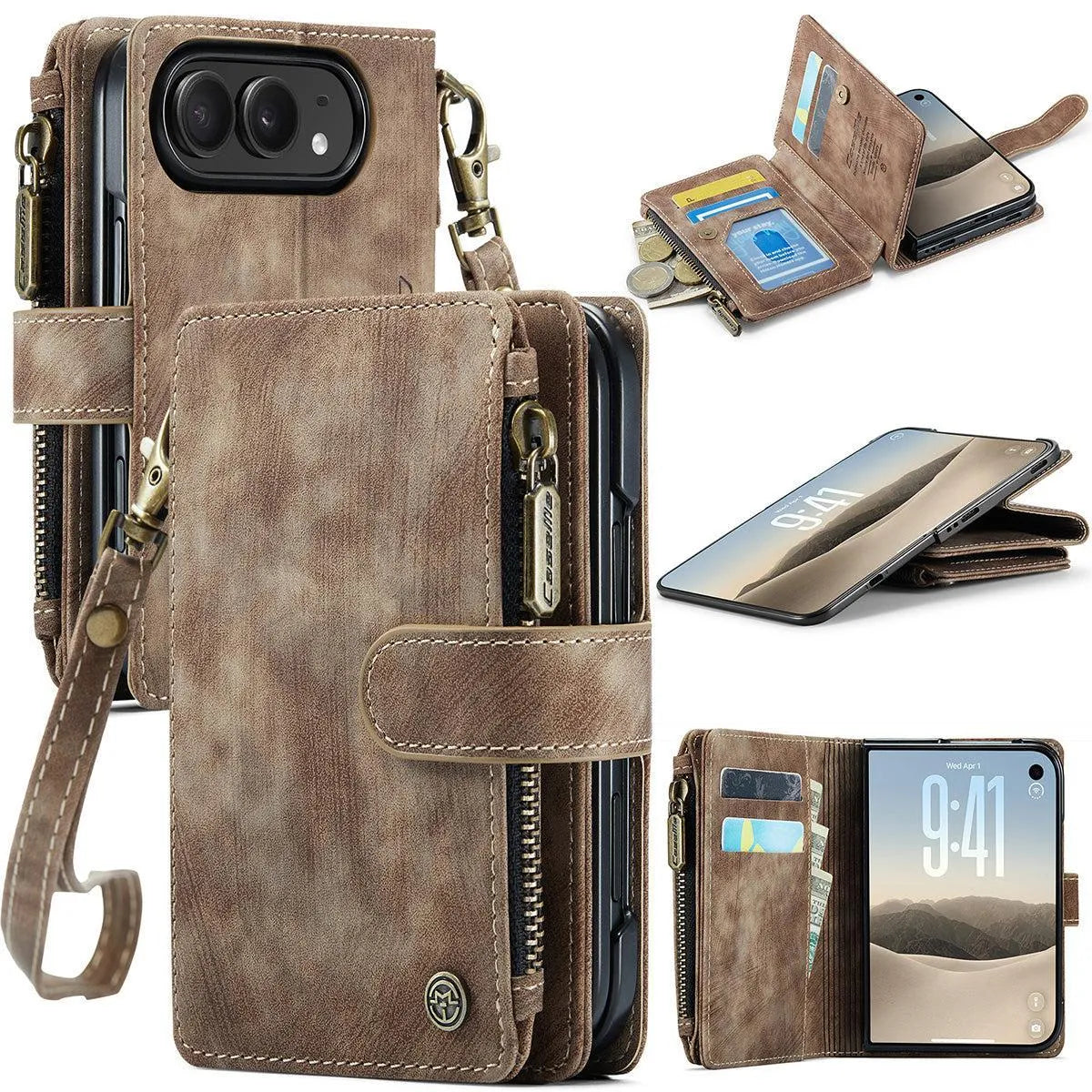 Buy Multifunctional Leather Wallet Case with Detachable Wristlet & Wireless Charging for iPhone Duo - Duran at Caseles-iPhone Duo, Khaki