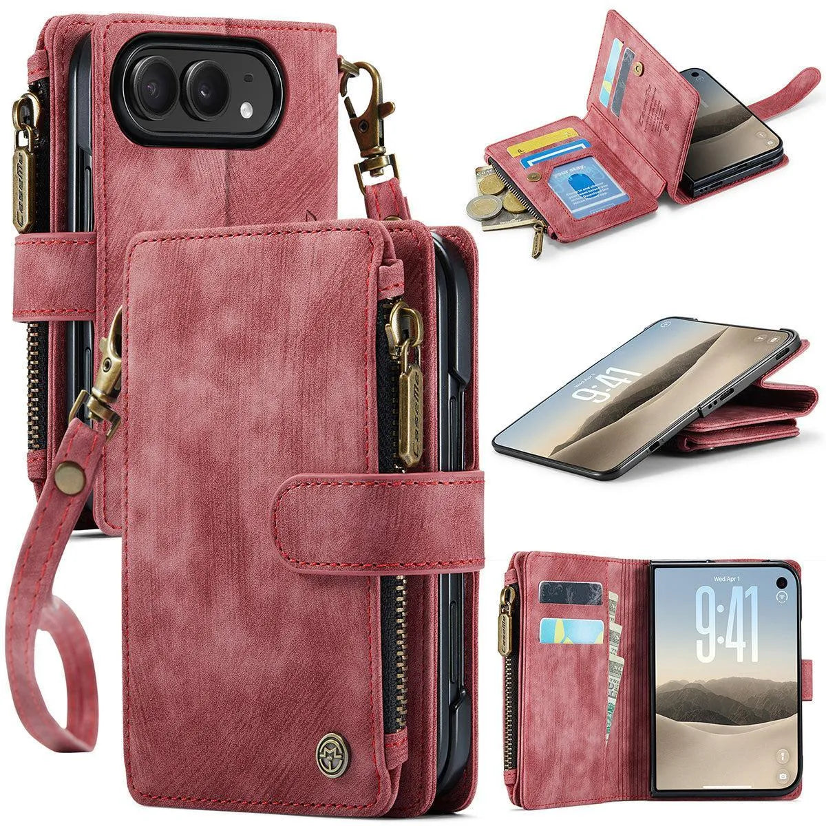 Buy Multifunctional Leather Wallet Case with Detachable Wristlet & Wireless Charging for iPhone Duo - Duran at Caseles-iPhone Duo, Red
