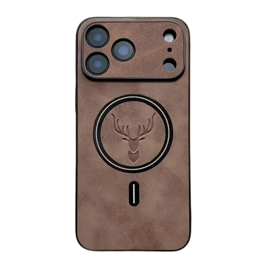 Buy Luxury PU Leather Deer Case For Magsafe Wireless Charge Full Cover,Elk at Caseles-iPhone 17 Pro Max, Oliver-DarkBrown