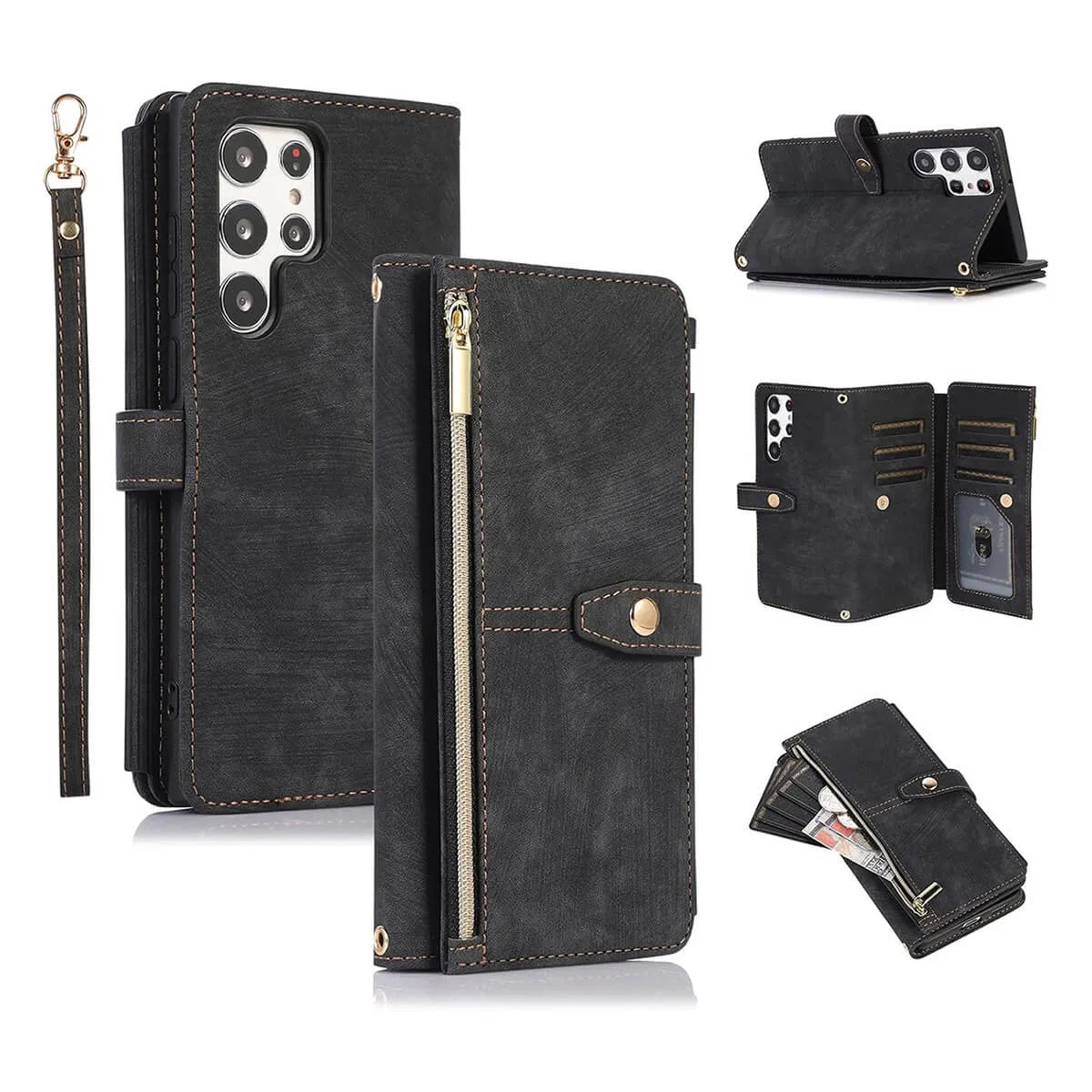 Buy Flip Crossbody Wallet Phone Case, With 9 Card Slots Zipper Pocket Retro Leather Hand Strap Kickstand Magnetic Closure Shockproof Cover,Ellie at Caseles-Samsung Galaxy S24 Ultra, Eliana-Black