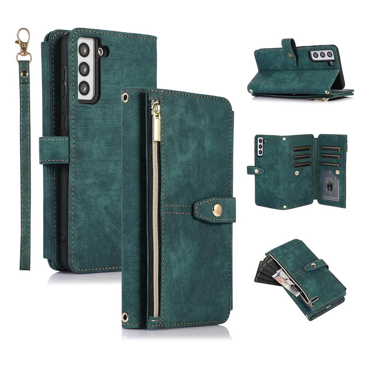 Buy Flip Crossbody Wallet Phone Case, With 9 Card Slots Zipper Pocket Retro Leather Hand Strap Kickstand Magnetic Closure Shockproof Cover,Ellie at Caseles-Samsung Galaxy S24 Ultra, Eliana-Green