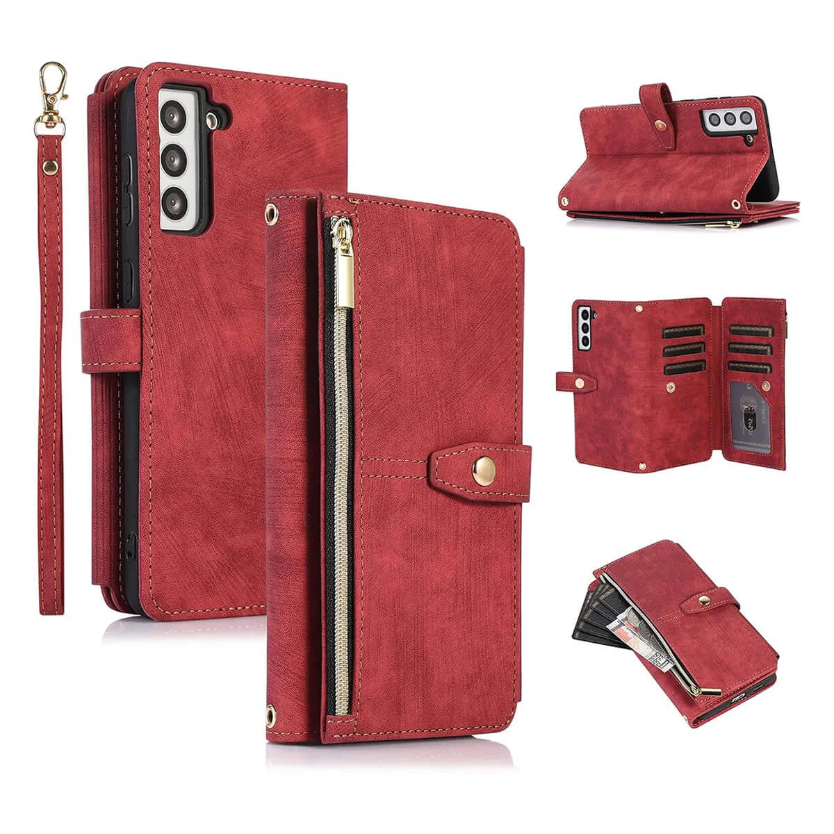 Buy Flip Crossbody Wallet Phone Case, With 9 Card Slots Zipper Pocket Retro Leather Hand Strap Kickstand Magnetic Closure Shockproof Cover,Ellie at Caseles-Samsung Galaxy S24 Ultra, Ellie-Red