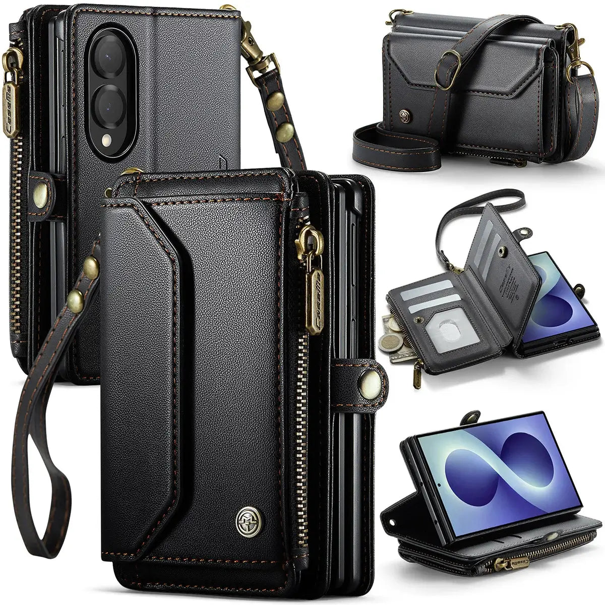 Buy Zipper Wallet Phone Case, RFID Blocking, Leather, Card Slots, for Samsung Galaxy at Caseles-Samsung Galaxy Z Fold 8, Aurora-Black