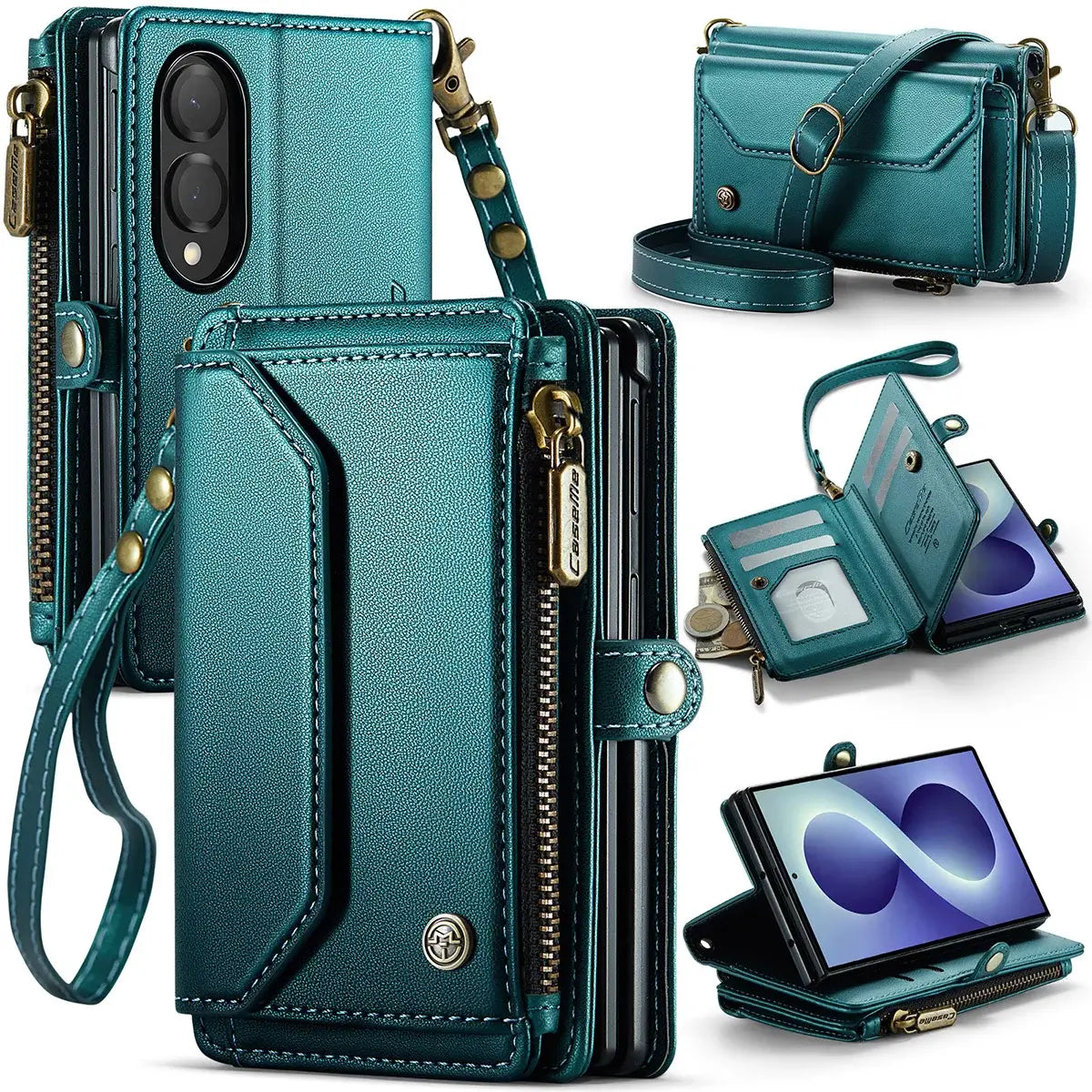 Buy Zipper Wallet Phone Case, RFID Blocking, Leather, Card Slots, for Samsung Galaxy at Caseles-Samsung Galaxy Z Fold 8, Aurora-Green
