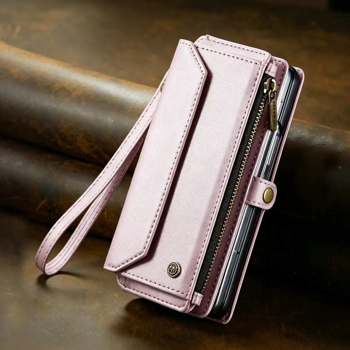 Buy Zipper Wallet Phone Case, RFID Blocking, Leather, Card Slots, for Samsung Galaxy at Caseles-Samsung Galaxy Z Fold 8, Aurora-Pink