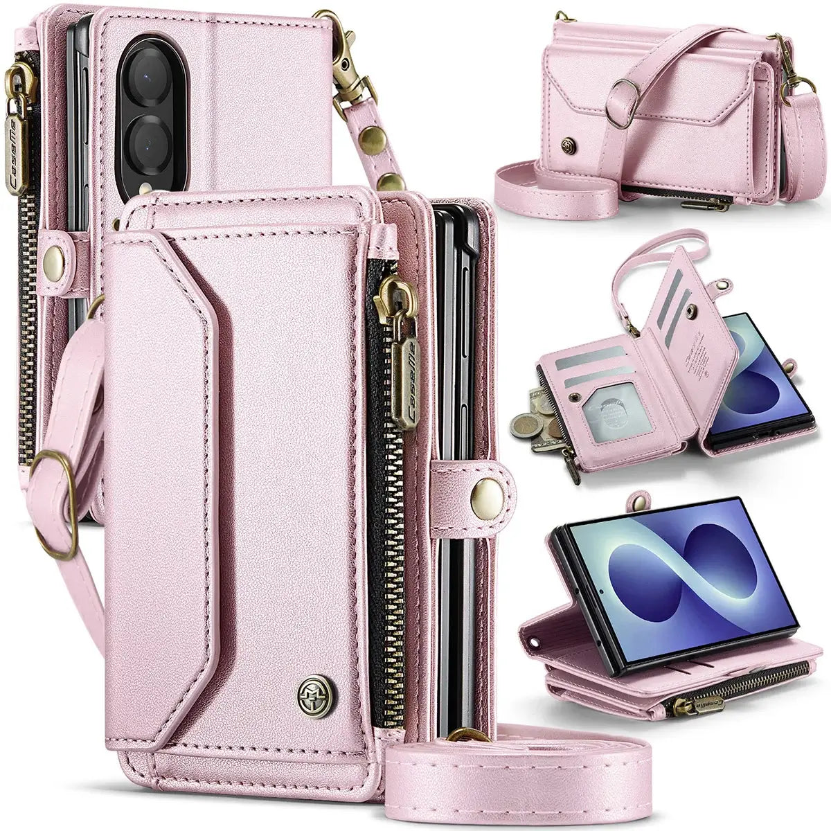 Buy Zipper Wallet Phone Case, RFID Blocking, Leather, Card Slots, for Samsung Galaxy at Caseles-Samsung Galaxy Z Fold 8, Aurora-Pink