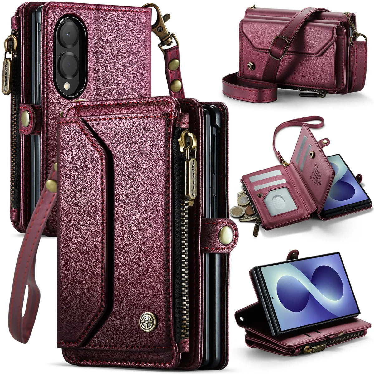 Buy Zipper Wallet Phone Case, RFID Blocking, Leather, Card Slots, for Samsung Galaxy at Caseles-Samsung Galaxy Z Fold 8, Aurora-Red