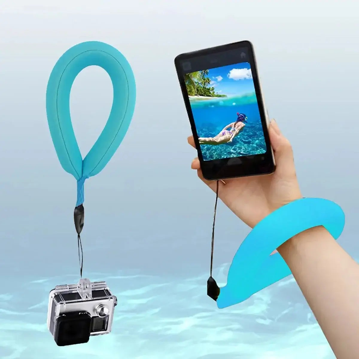 By Universal Floating Wrist Strap for Waterproof Action Cameras, High-Visibility Buoyant Camera Float for Swimming and Snorkeling, Durable Diving Fabric Wristband - FLOATING WRIST STRAP at Caseles-Blue, 
