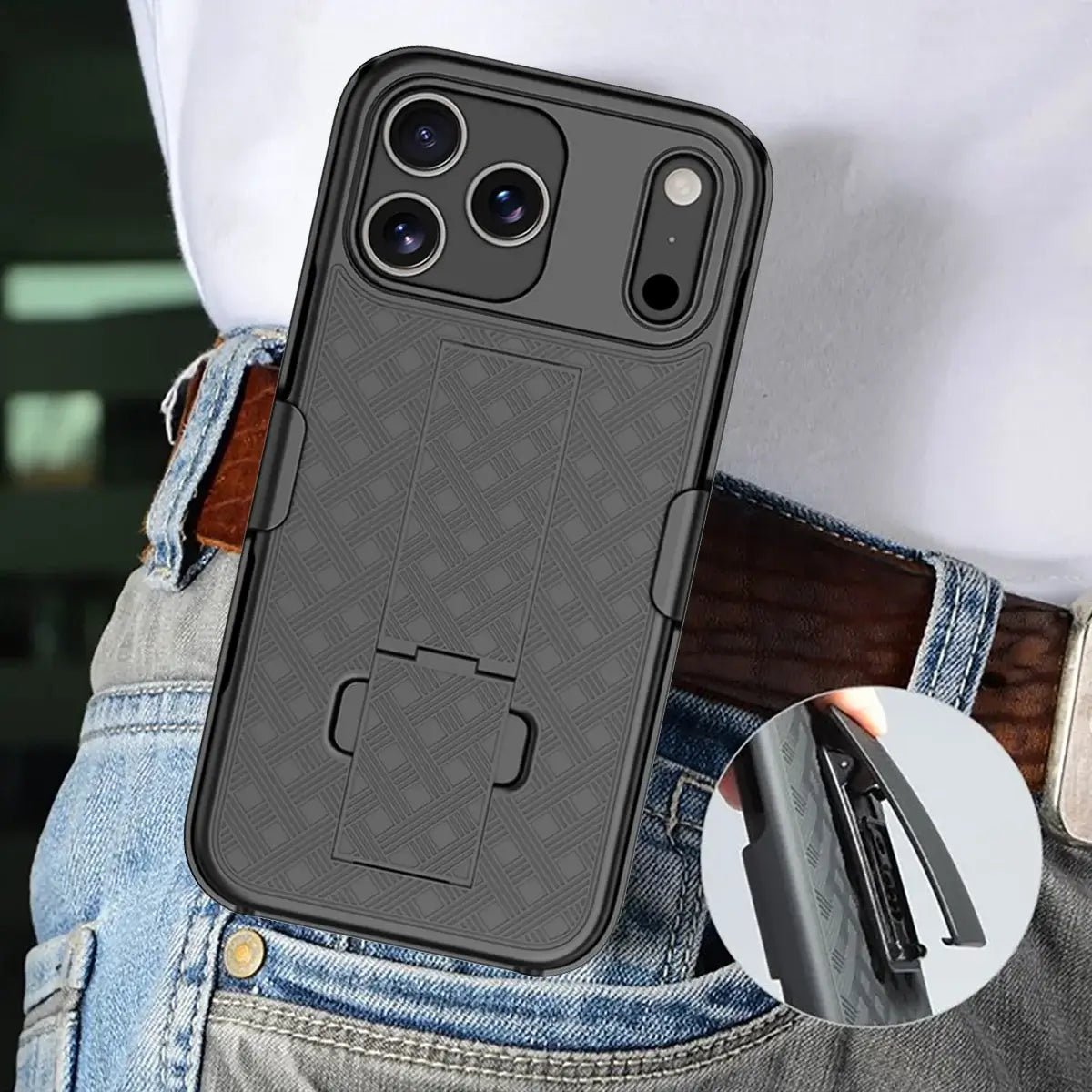 Buy 3-in-1 Modular Design – Combining a Magnetic Belt Clip, Shockproof Sliding Case, and a Woven Texture Kickstand for Total Access, Protection, and Hands-Free Viewingat - Gabriel at Caseles-iPhone 17 Pro Max, 