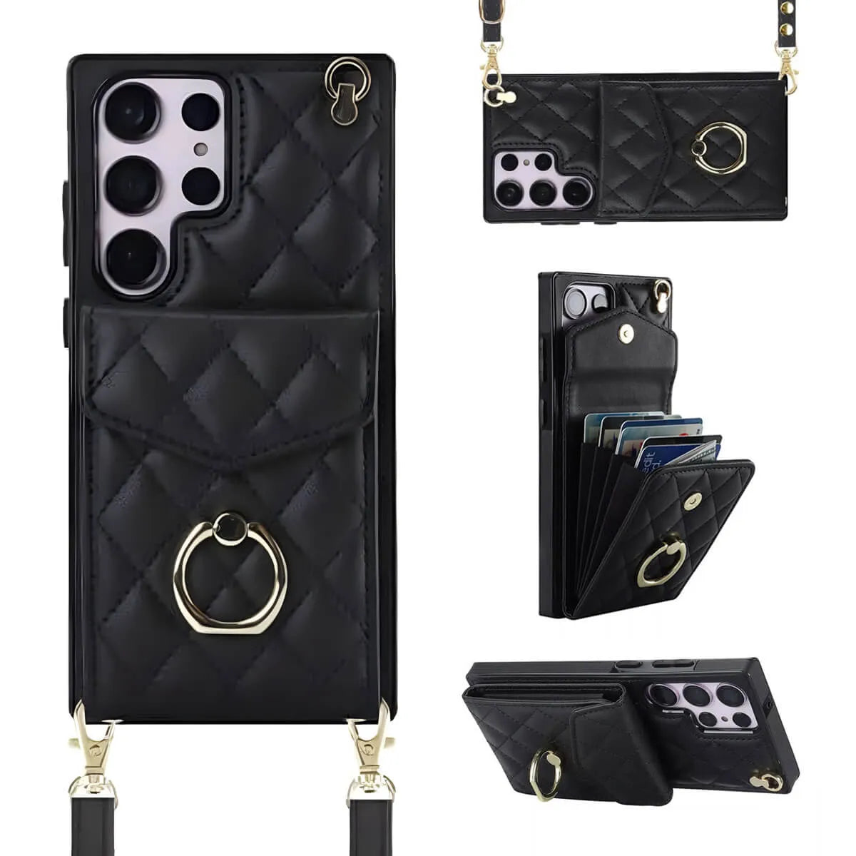 Buy Crossbody Wallet Phone Case, 360 Rotation Ring Holder, Card Slots & Detachable Wrist Strap, RFID Blocking, Kickstand, Shockproof Cover,HAILEY at Caseles-Samsung Galaxy S24 Ultra, Harley-Black