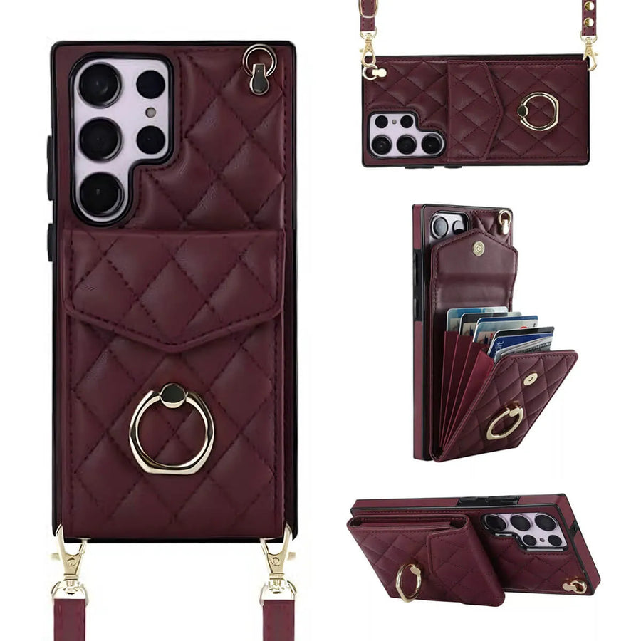 Buy Crossbody Wallet Phone Case, 360 Rotation Ring Holder, Card Slots & Detachable Wrist Strap, RFID Blocking, Kickstand, Shockproof Cover,HAILEY at Caseles-Samsung Galaxy S24 Ultra, Harley-Red