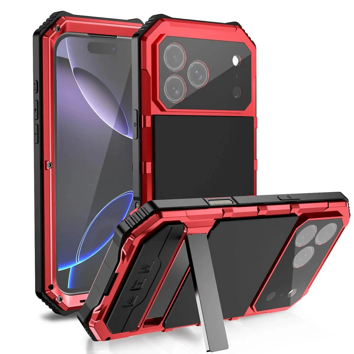 Buy Heavy Duty Aluminum iPhone Case with Kickstand, Built-in Screen & Camera Protector, Shockproof Military-Grade Gorilla Glass Cover - Hamza at Caseles-iPhone 17 Pro Max, Red