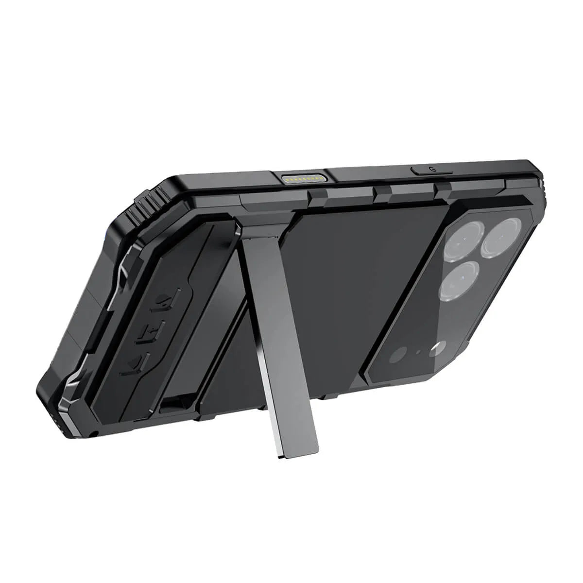 Buy Heavy Duty Aluminum iPhone Case with Kickstand, Built-in Screen & Camera Protector, Shockproof Military-Grade Gorilla Glass Cover - Hamza at Caseles-iPhone 17 Pro Max, Black