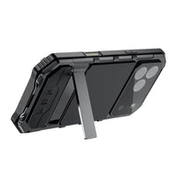 Buy Heavy Duty Aluminum iPhone Case with Kickstand, Built-in Screen & Camera Protector, Shockproof Military-Grade Gorilla Glass Cover - Hamza at Caseles-iPhone 17 Pro Max, Black