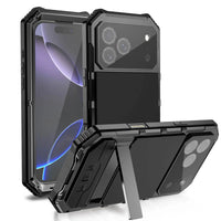 Buy Heavy Duty Aluminum iPhone Case with Kickstand, Built-in Screen & Camera Protector, Shockproof Military-Grade Gorilla Glass Cover - Hamza at Caseles-iPhone 17 Pro Max, Black