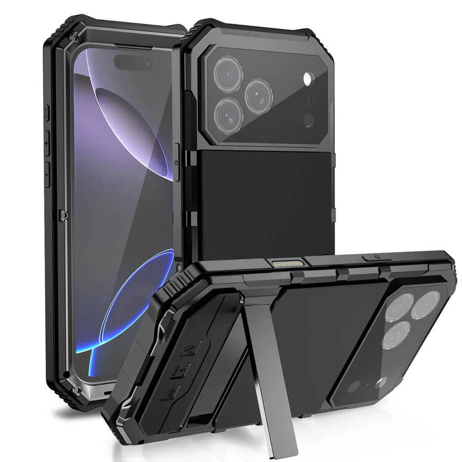 Buy Heavy Duty Aluminum iPhone Case with Kickstand, Built-in Screen & Camera Protector, Shockproof Military-Grade Gorilla Glass Cover - Hamza at Caseles-iPhone 17 Pro Max, Black