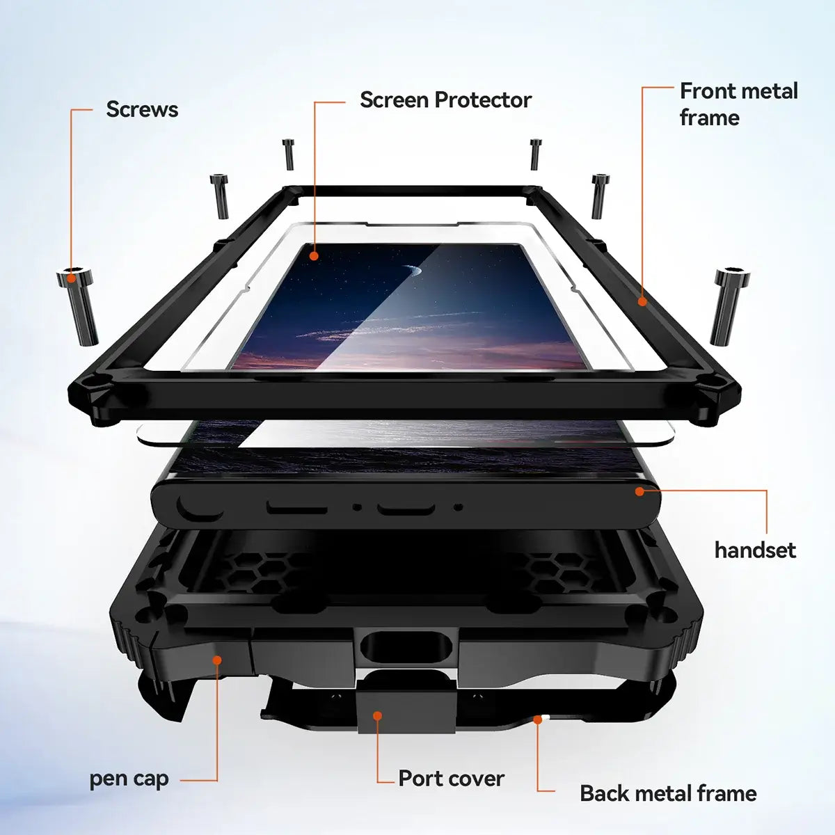 Buy Heavy Duty Aluminum Phone Case with Kickstand, Built-in Screen & Camera Protector, Shockproof Military-Grade Gorilla Glass Cover - Harlan at Caseles-Samsung Galaxy S25 Ultra, Black