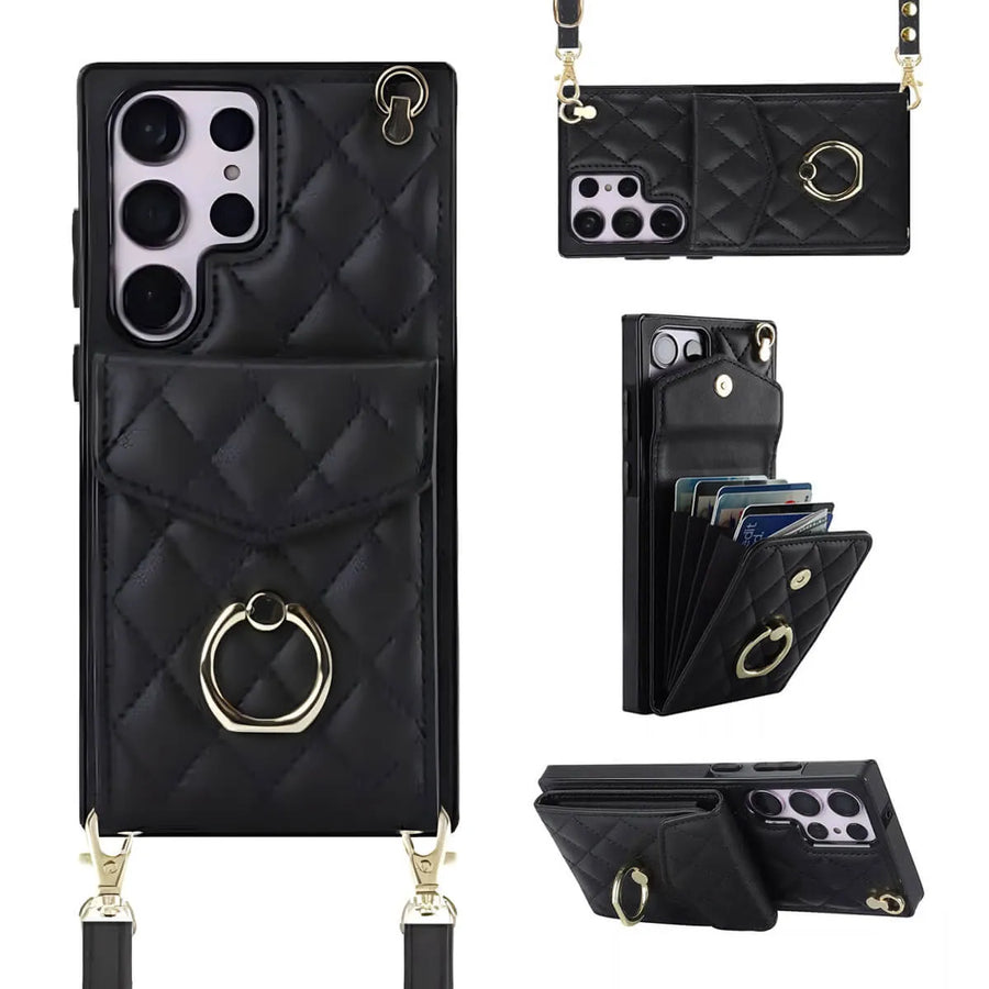 Buy Crossbody Wallet Phone Case, 360 Rotation Ring Holder, Card Slots & Detachable Wrist Strap, RFID Blocking, Kickstand, Shockproof Cover,HAILEY at Caseles-Samsung Galaxy S24 Ultra, Harley-Black