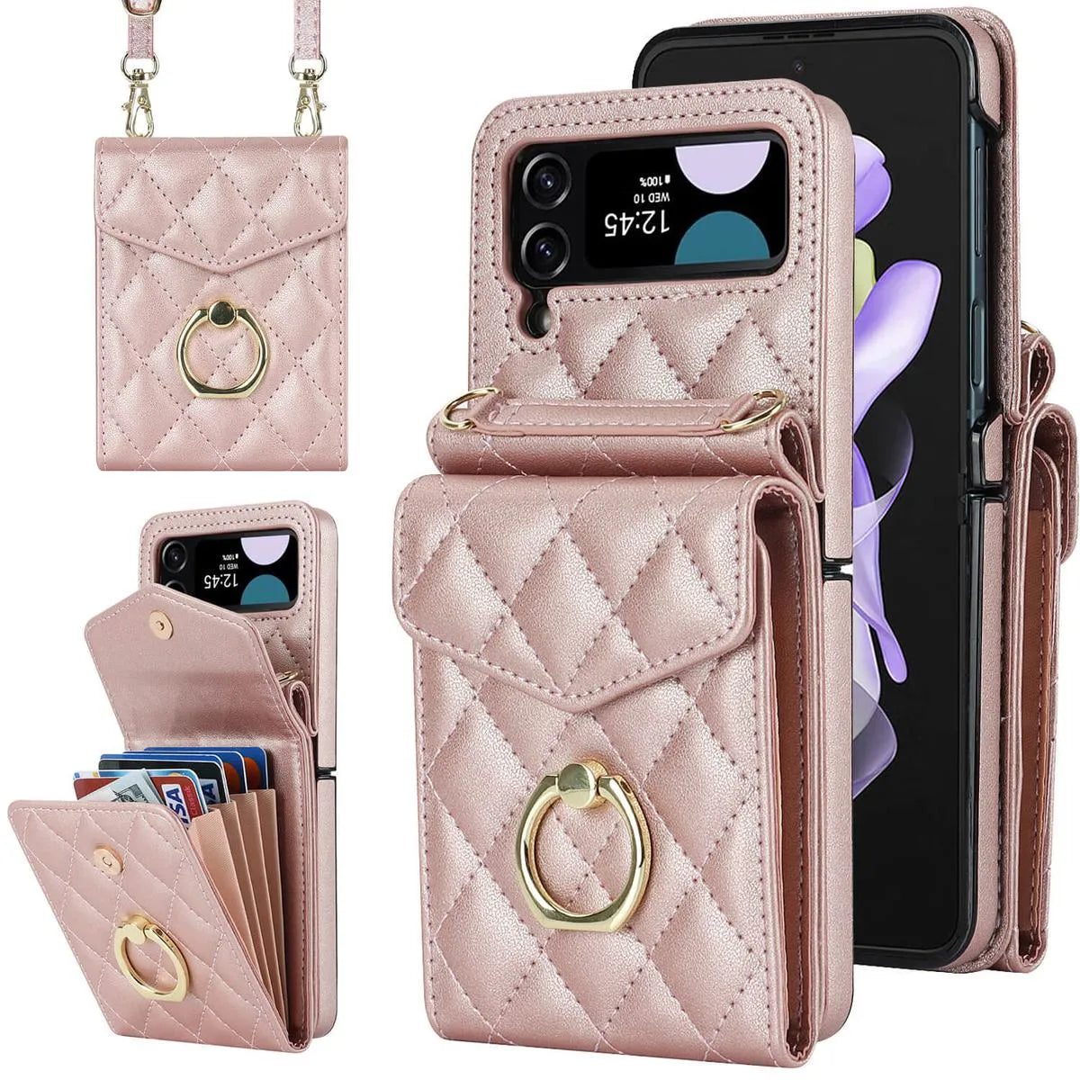 Buy Crossbody Wallet Phone Case, 360 Rotation Ring Holder, Card Slots & Detachable Wrist Strap, RFID Blocking, Kickstand, Shockproof Cover,HATTIE at Caseles-Samsung Galaxy Z Fold 6, Pink