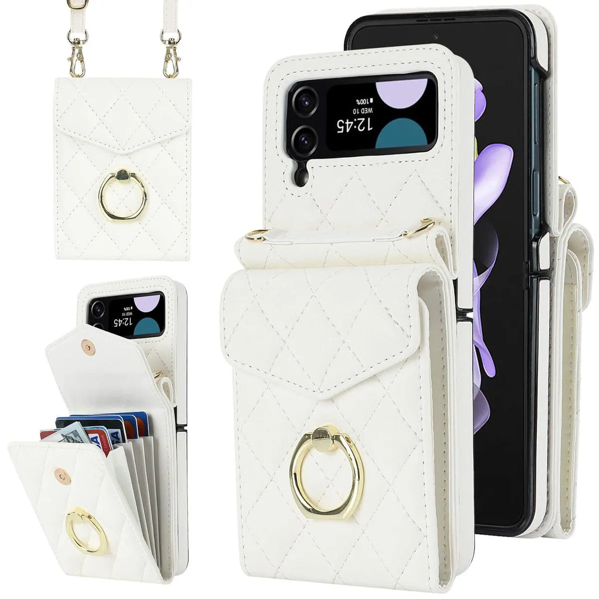 Buy Crossbody Wallet Phone Case, 360 Rotation Ring Holder, Card Slots & Detachable Wrist Strap, RFID Blocking, Kickstand, Shockproof Cover,HATTIE at Caseles-Samsung Galaxy Z Fold 6, White