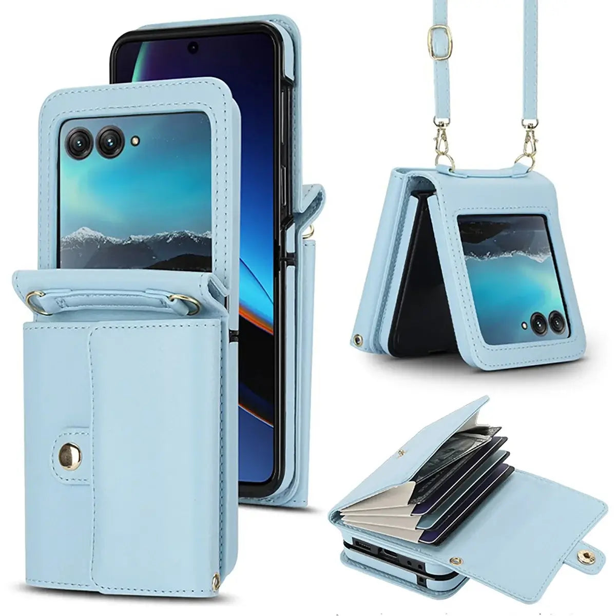 Buy Motorola Moto Razr Crossbody Wallet Case, RFID Blocking Leather Cover with Detachable Strap & Card Slots - IRIS at Caseles-Motorola Razr Ultra (2025), Light Blue